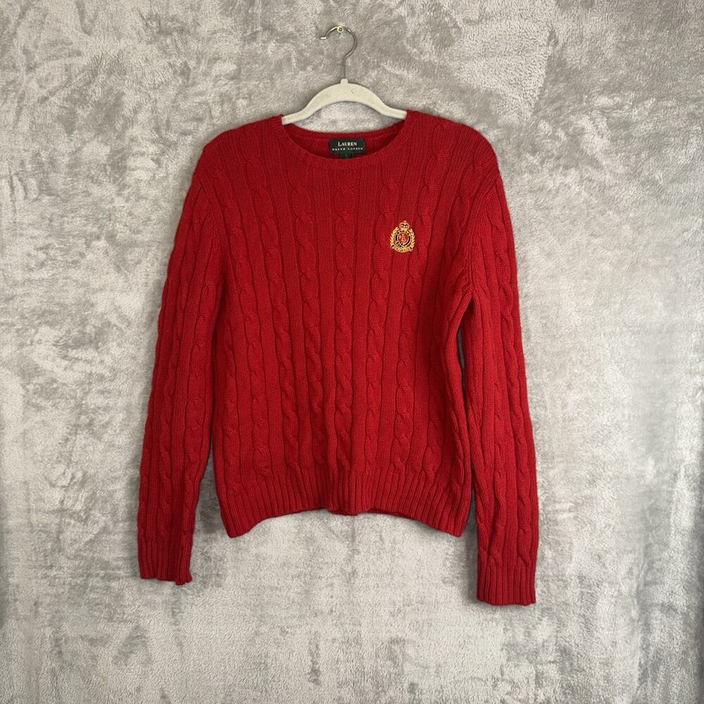 Lauren Ralph Lauren Red Lambswool Cable Knit Sweater SZ L Crest Preppy Tennis